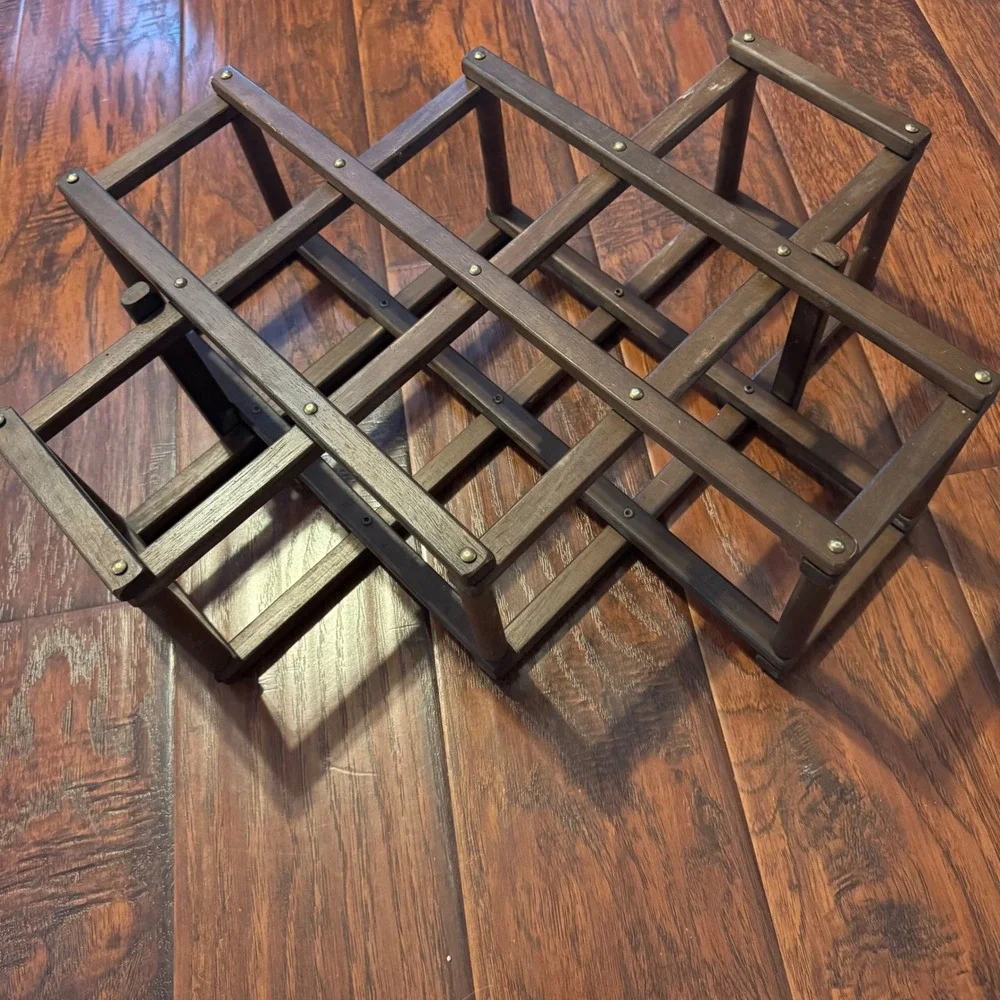 Vintage MCM Accordion Wood Wine Rack 10 Bottle Holder Brown Foldable Countertop